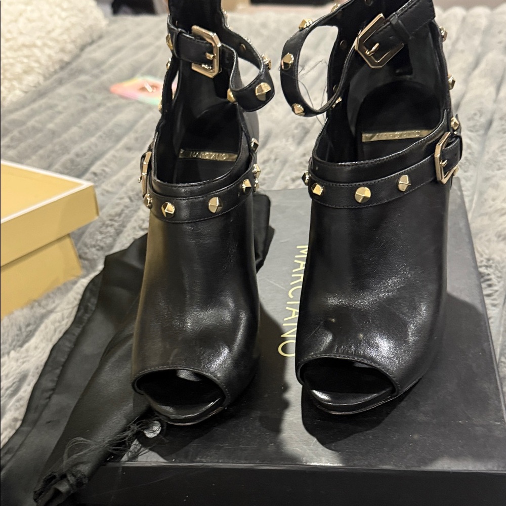 Marciano Black Peep-Toe Heels with Gold Studs